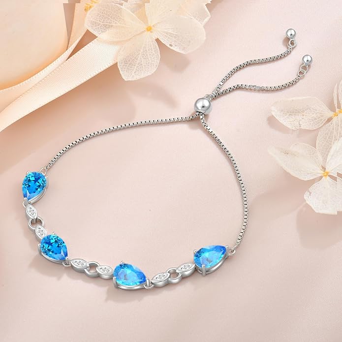 Teardrop Birthstone Bracelet for Women, S925 Sterling Silver Pear Cut Cubic Zirconia Bracelet Dainty Adjustable Chain Jewelry Gift for Her