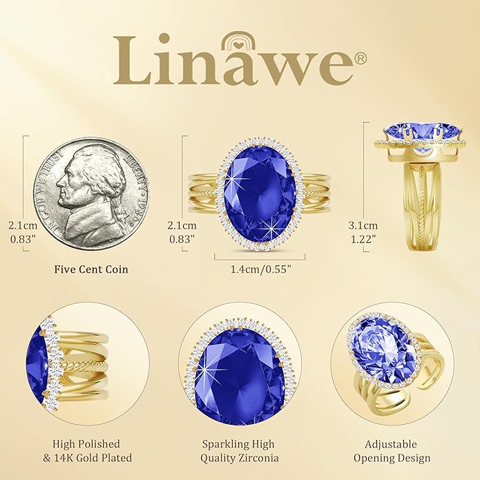 Linawe Birthstone Chunky Adjustable Rings for Women, Gold/Silver/Rose Gold Statement Rings, Imitation Diamond Fake Gemstone Crystal Cocktail Ring, Cubic Zirconia Costume Jewelry