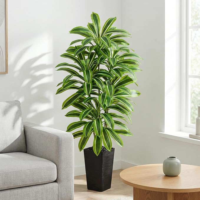 Artificial Dracaena Tree: 6FT Fake Plants Silk Faux Trees（Black Pot） | - Image 8