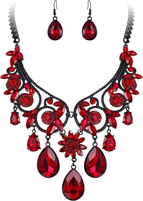 BriLove Women's Tribal Ethnic Crystal Chunky Statement Necklace Dangle Earrings Set