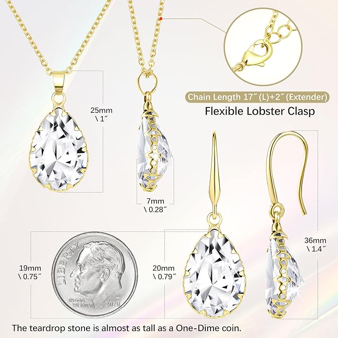 Linawe Crystal Jewelry Sets for Women, Imitation Diamond Pendant Necklace, Rhinestone Drop Dangle Earrings, Birthstone Cubic Zirconia Matching Wedding Jewelry, 14K Gold/Rose Gold/Silver Tones