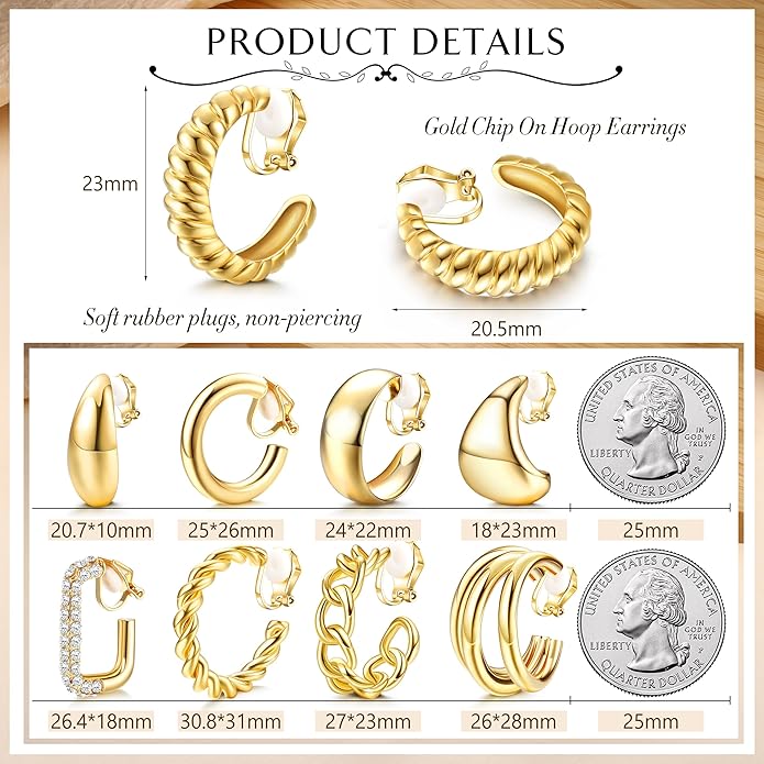 YADOCA 9 Pairs Gold Clip on Earrings for Women 14K Gold Plated Waterdrop Chunky Clip on Hoop Earrings No Piercing Fake Earrings Set