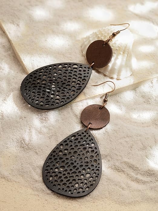 MINACHI Bohemian Hollow Cut-Out Wood Leather Dangle Drop Earrings, Boho Chic Hippie Statement Jewelry Gift for Women