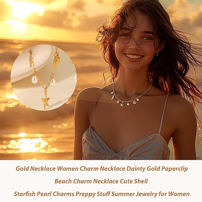 Gold Sea Shell Necklace Layered Charm Necklace for Women Boho Summer Seashell Beach Starfish Necklaces 14k Pearl Chain Surfer Jewelry Beach Vacation Essentials