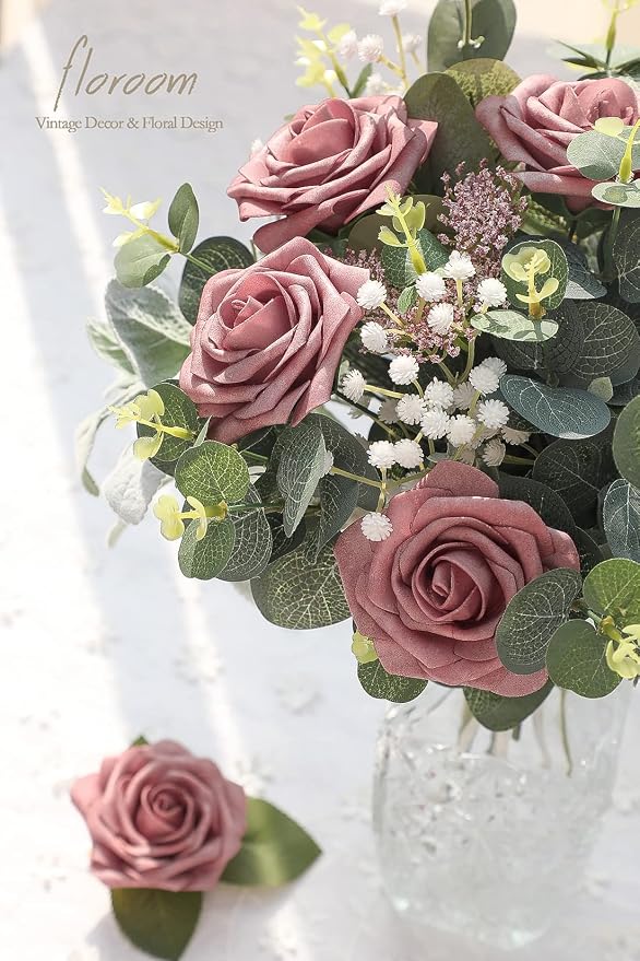 Artificial Flowers 50pcs Real Looking Dusty Rose Foam Fake Roses - Image 2