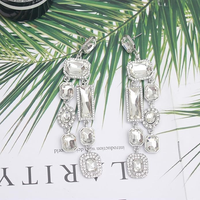 Vintage Rectangle Teardrop Chandelier Earrings, Art Deco Wedding Austrian Crystal Drop Dangle Earrings for Women Party Prom