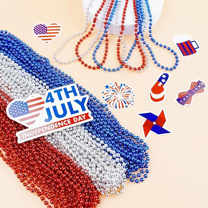SHAOQINLIN 100 PCS Patriotic Bead Necklaces, 4th of July Accessories 33 Inch Metallic Red/Silver/Blue Beaded Necklace for Patriotic Day, Carnival Party Favor