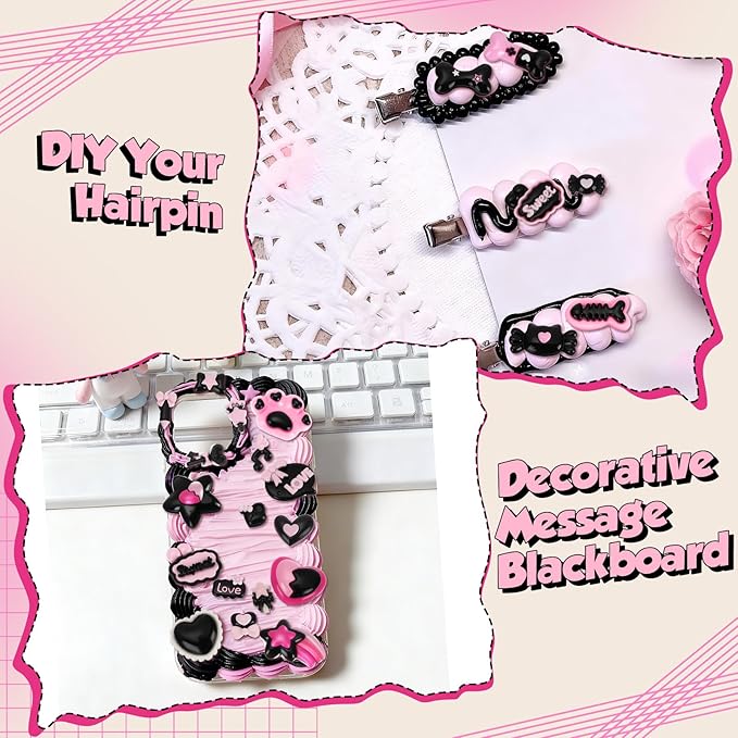 Giegxin 40 Pcs Pink and Black Valentine's Day Resin Charm Love Heart Bow Star Cat Claw Bone Meteor Flatback Cabochon Accessories Cute Embellishment Bulk for Jewelry Cellphone Case Scrapbooking DIY
