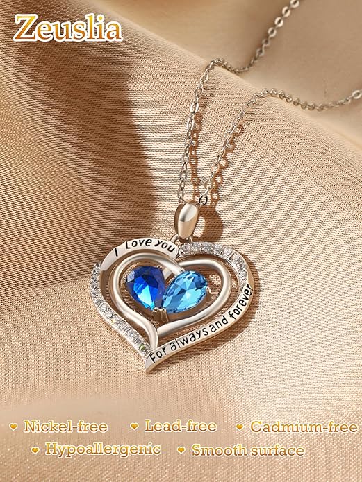 Valentine's Day Gifts for Wife 925 Sterling Silver Double Birthstone Pendant Necklaces I Love You for Always and Forever Necklace Anniversary Birthday Gifts for Wife Girlfriend Mom Her