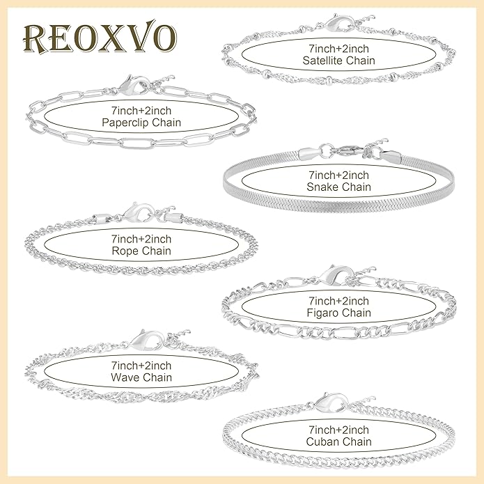 Reoxvo Bracelets Stack Silver Plated Chain Bracelet Set for Women Gold Hand Chain Rings Bracelets Jewelry for Women Trendy