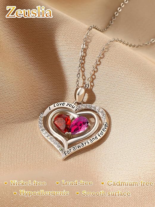 Valentine's Day Gifts for Wife 925 Sterling Silver Double Birthstone Pendant Necklaces I Love You for Always and Forever Necklace Anniversary Birthday Gifts for Wife Girlfriend Mom Her