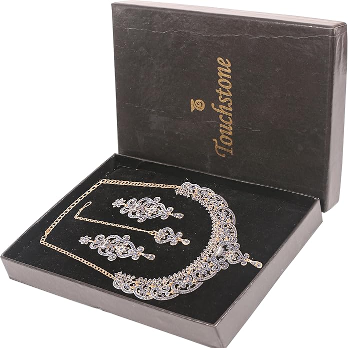 Touchstone Indian jewelry set for women bollywood gold jewellery wedding outfits necklace sets earrings bridal maang tikka fancy costume girls big desi accessories rhinestone in gold or silver tone
