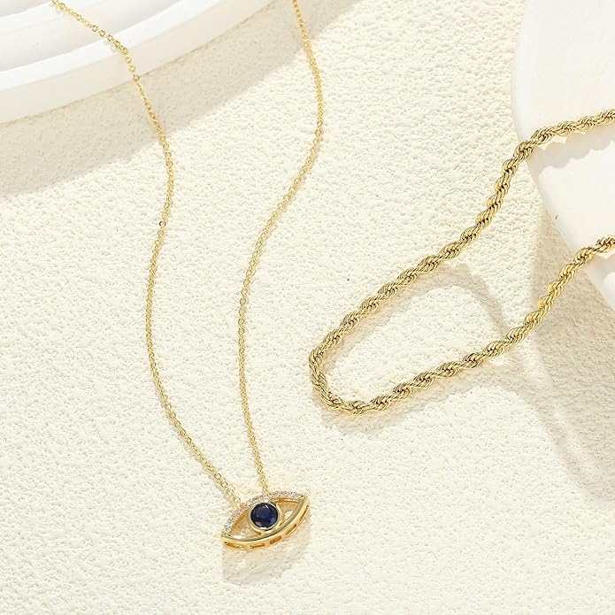 Evil Eye Necklace for Women 14K Gold Plated Delicate Necklaces Blue White CZ Diamond Pendant Necklace Cute Boho Tiny Evil Eye Lucky Protection Jewelry Gift for Women