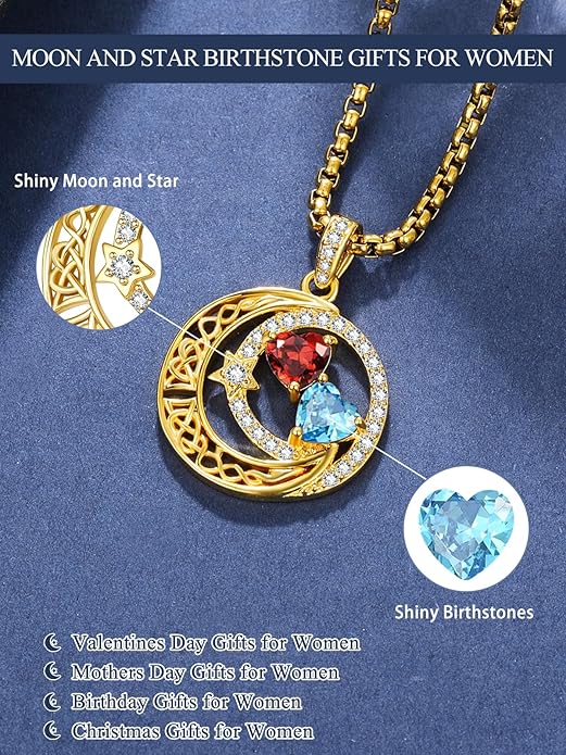 14K Gold Moon and Star Necklace Gifts for Women - Double Heart Birthstone Necklace, Valentines Wedding Anniversary Birthday Gifts for Her Wife Mom Daughter Grandma Sister