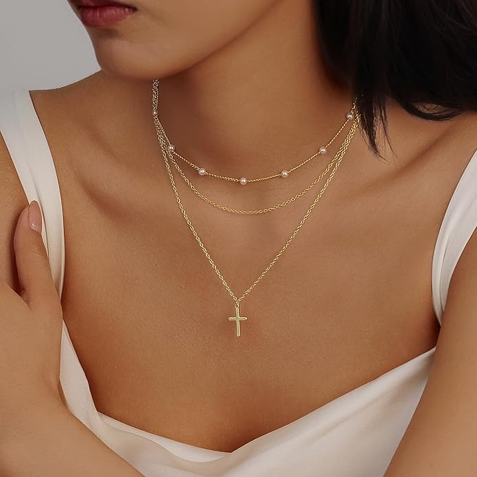 Evabelle Gold Layered Necklace for Women Trendy Jewelry 14K Real Gold Plated Chunky Chain Stackable Necklaces Dainty Choker Necklaces Rectangle Square Pendant
