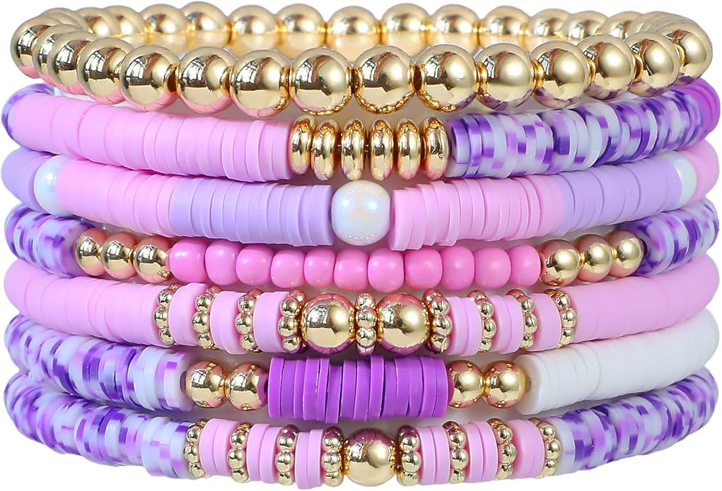 Heishi Beaded Stretch Bracelets for Women Stackable Polymer Clay Beads Bracelets Friendship Boho Summer Beach Bracelet Jewelry Set