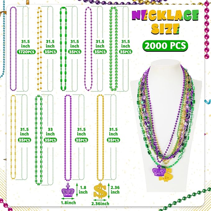 2000PCS Mardi Gras Beads Bulk, 9 Styles Purple Gold Green Mardi Gras Beads Necklaces Assortment, Coin Crown Mask Dollar Metallic Beaded Accessories for Mardi Gras Decorations Throws Party Favors