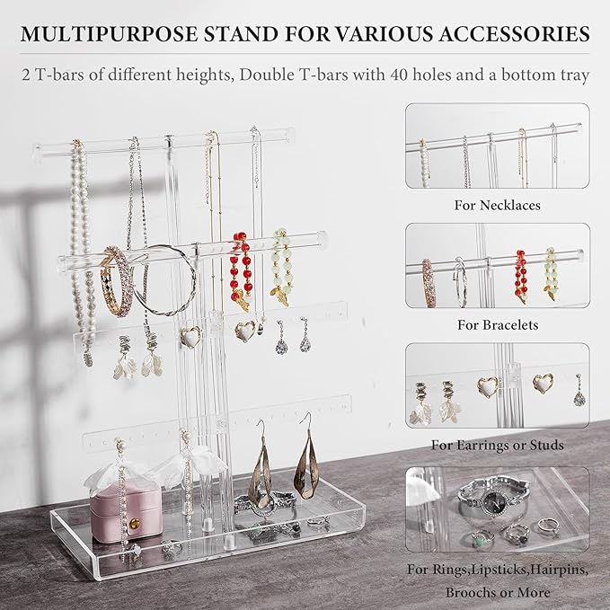 Acrylic Jewelry Display Stand 4-Tier Clear Jewelry Organizer, Necklace Bracelet Earring Watch Ring Jewelry Holder,Display Tower Tray Storage Gift for Women