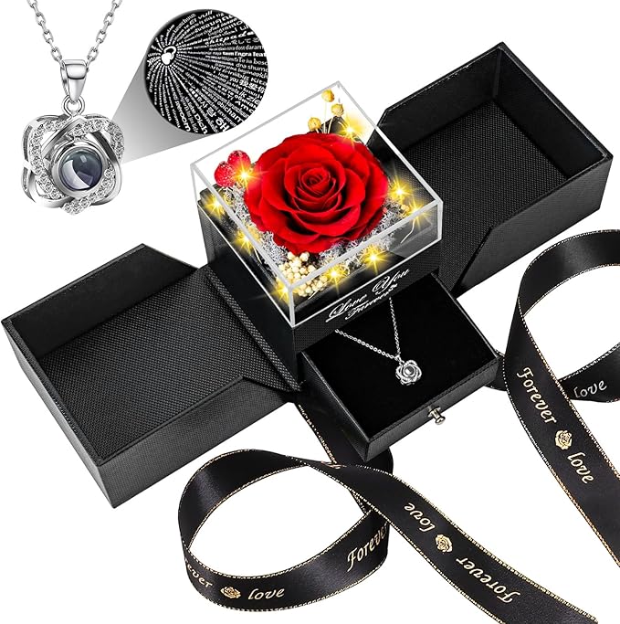 Preserved Red Real Rose with Heart I Love You Necklace -Eternal Flowers Rose Valentines Day Gifts for Her Wife Girlfriend Women Mom Grandma on Valentines Mothers Day Christmas Anniversary Romantic-Red