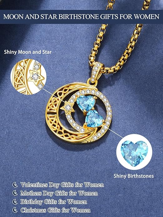 14K Gold Moon and Star Necklace Gifts for Women - Double Heart Birthstone Necklace, Valentines Wedding Anniversary Birthday Gifts for Her Wife Mom Daughter Grandma Sister