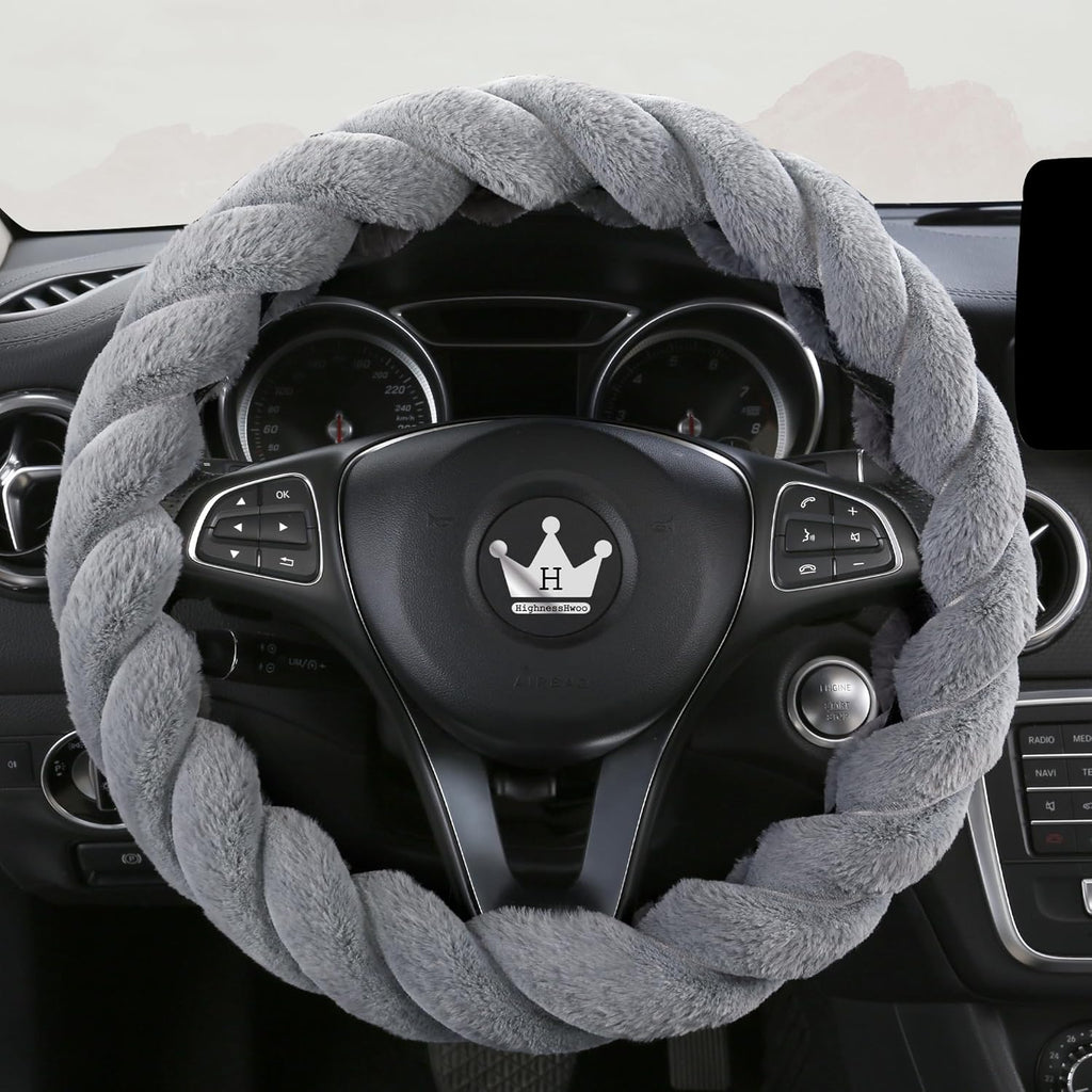 Luxury Fluffy Winter Car Steering Wheel Cover for Women Soft Warm Cute Auto Accessories for Jeep, Truck, Van, F150, Universal, Fuzzy, Anti Slip, Gray, Large Size, 15.2-16in