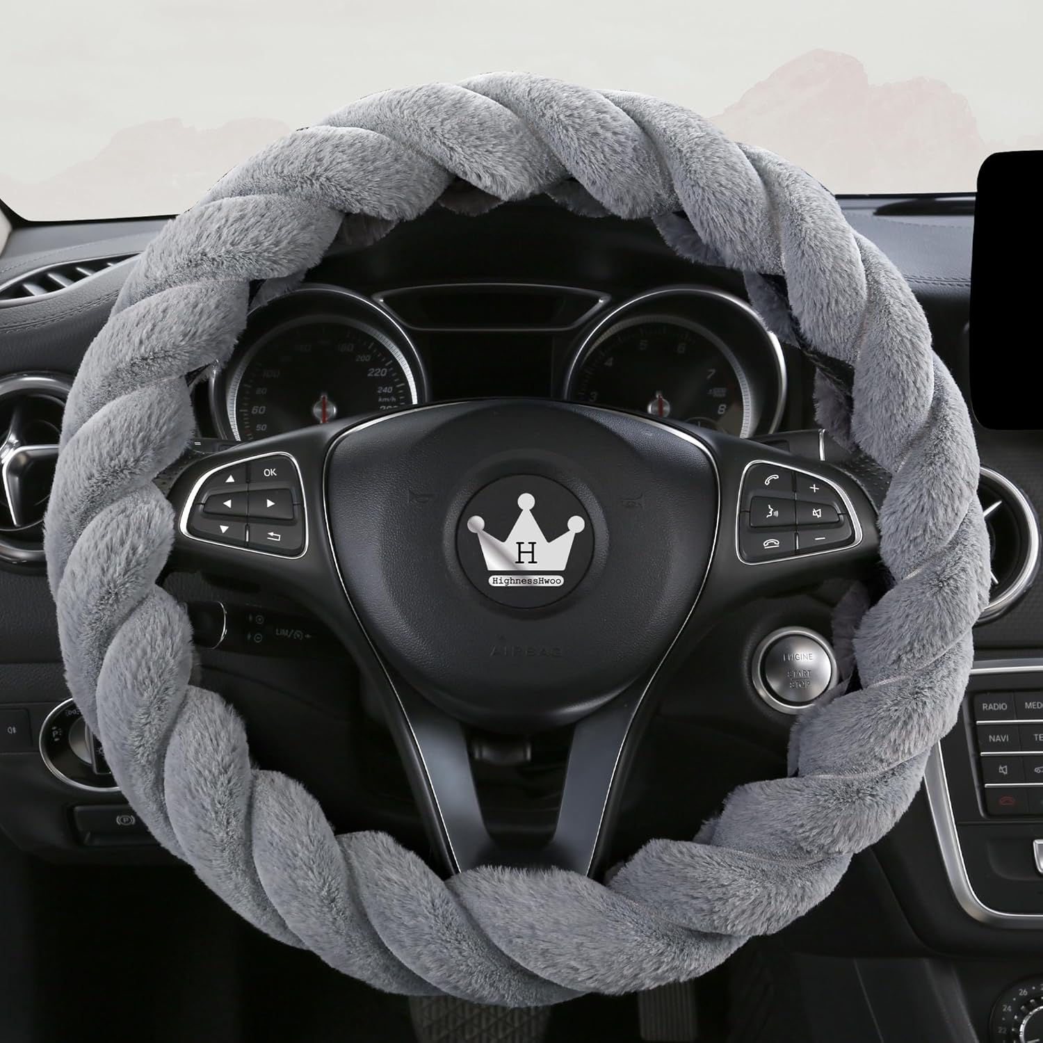 Luxury Fluffy Winter Car Steering Wheel Cover for Women Soft Warm Cute Auto Accessories for Jeep, Truck, Van, F150, Universal, Fuzzy, Anti Slip, Gray, Large Size, 15.2-16in