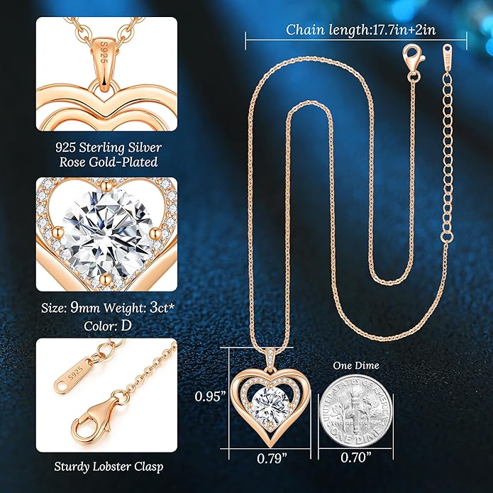 Valentine's Day Gift Moissanite Heart Pendant Necklaces for Women, 925 Sterling Silver Necklace Engraved with 'I LOVE YOU', Ideal Anniversary Birthday Jewelry Gifts for Mom Wife Girlfriend Daughter Her