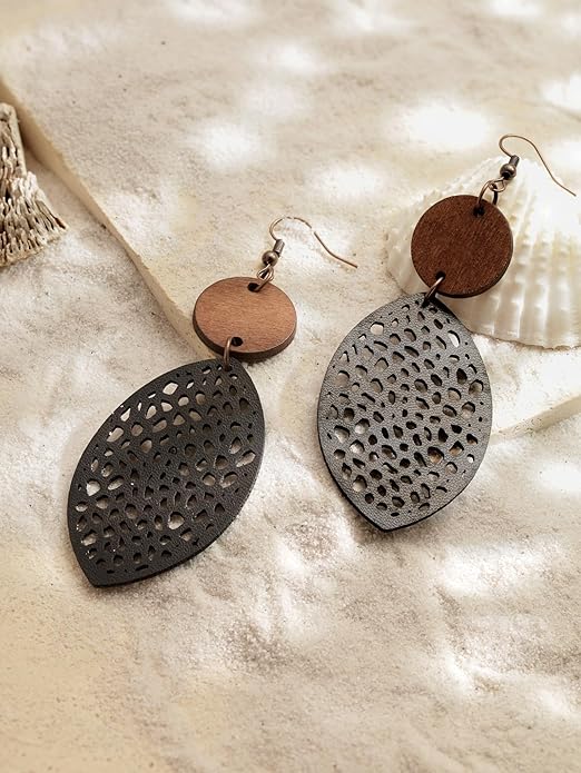 MINACHI Bohemian Hollow Cut-Out Wood Leather Dangle Drop Earrings, Boho Chic Hippie Statement Jewelry Gift for Women