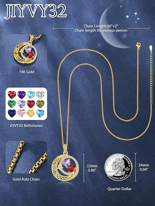 14K Gold Moon and Star Necklace Gifts for Women - Double Heart Birthstone Necklace, Valentines Wedding Anniversary Birthday Gifts for Her Wife Mom Daughter Grandma Sister