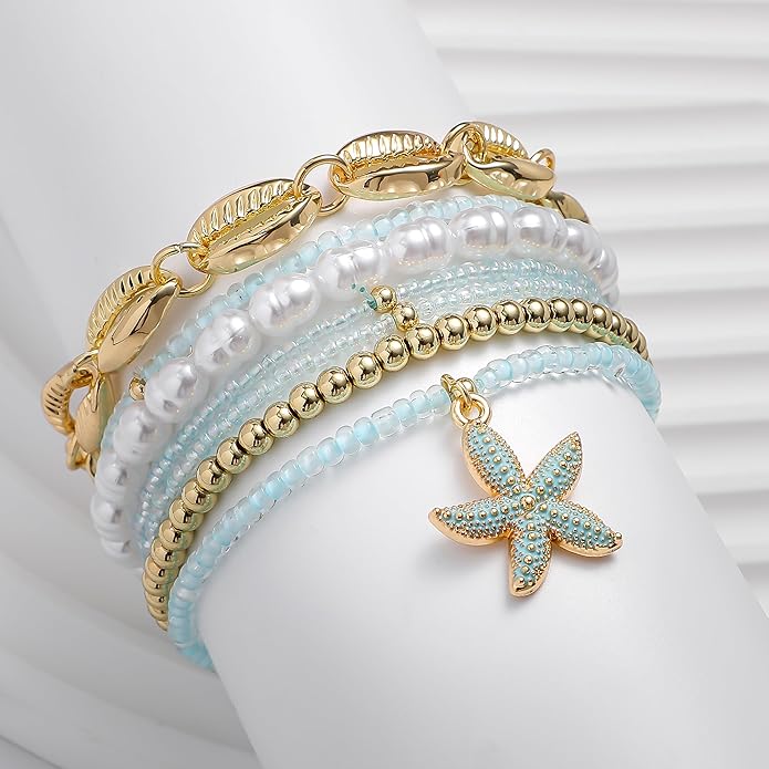 Shell Bracelet Seashell Boho Beaded Stretch Bracelets for Women Summer Beach Bracelets Starfish Charm Bracelet Stackable Gold Plated Bracelets Set for Women