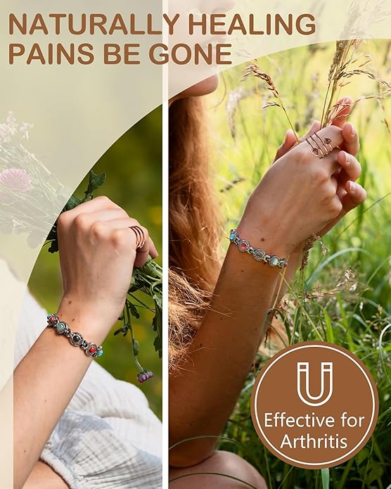 Feraco Pure Copper Bracelets & Rings for Women, Ultra Strength Magnetic Bracelet with 3800 Gauss Magnets & Natural Turquoise & Stones, Adjustable, Jewelry Gift