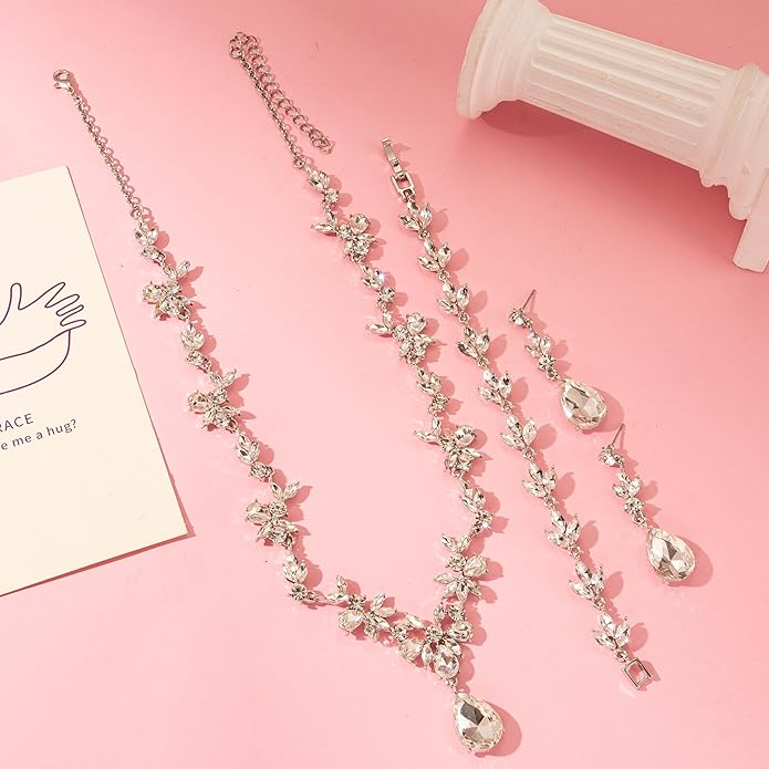 Bridal Wedding Elegant Floral Jewelry Set for Women/Brides/Bridesmaids Crystal Jewelry Set for Wedding Prom Party Bridal Crystal Necklace Earrings Bracelet Set