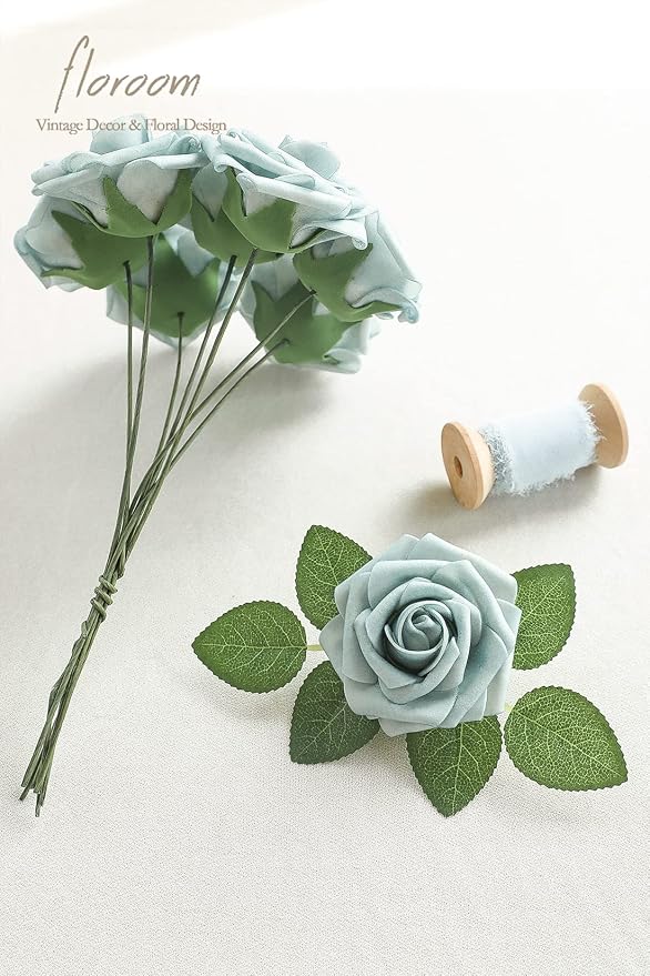 Artificial Flowers 25pcs Real Looking Dusty Blue Foam Fake Roses - Image 6