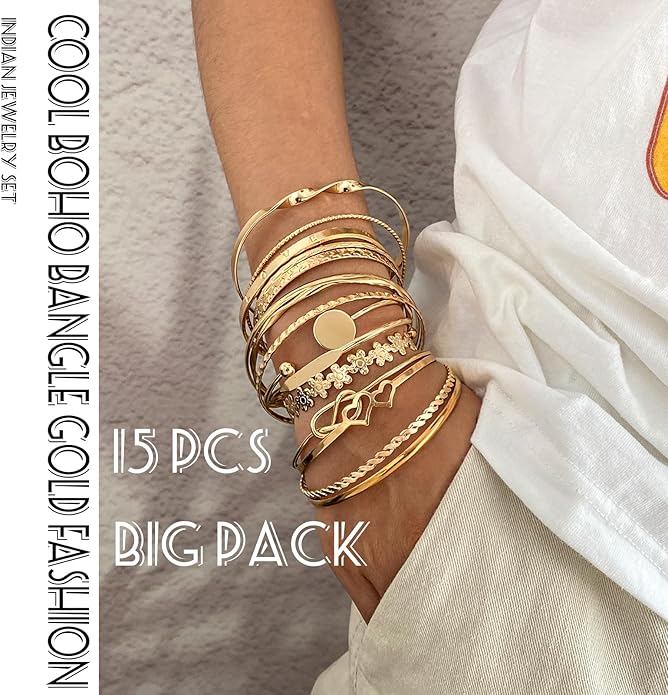 17IF Gold Bangle Bracelet For Women, 14k Multilayer Charm Textured Stackable Bracelets Boho Indian Chunky Cuff Fashion Jewelry Gift