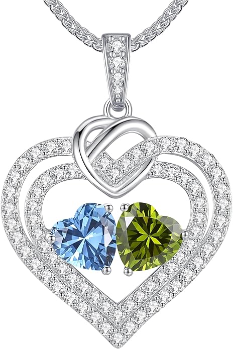 LOUISA SECRET Sparkling Double Heart Birthstone Necklaces for Women, 925 Sterling Silver Fine Jewelry, Pendant Heart Necklaces Birthday Anniversary Christmas Gift for Women Wife Mom Girlfriend Lady