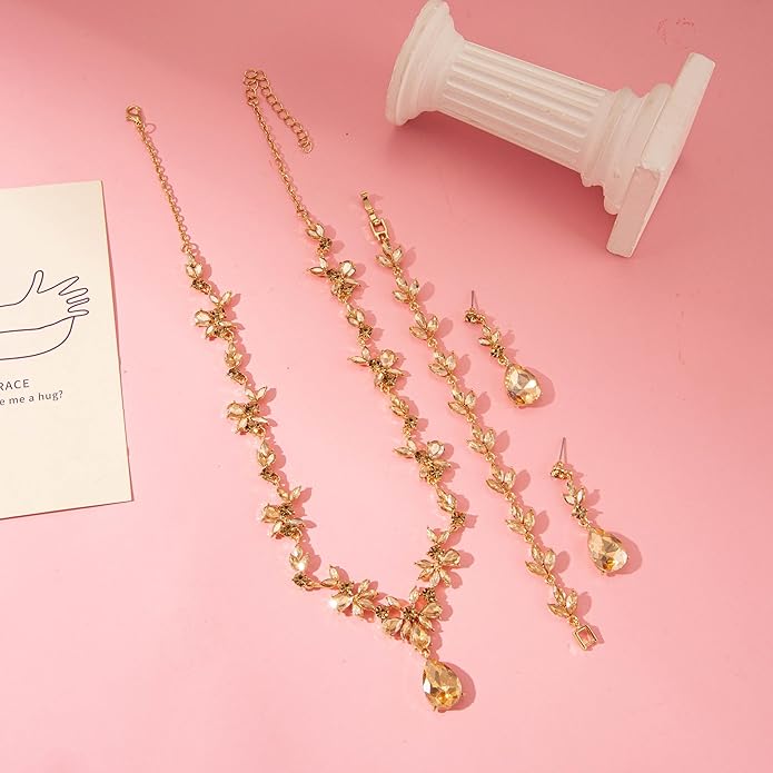 Bridal Wedding Elegant Floral Jewelry Set for Women/Brides/Bridesmaids Crystal Jewelry Set for Wedding Prom Party Bridal Crystal Necklace Earrings Bracelet Set