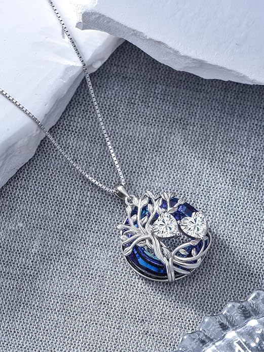 TOUPOP s925 Sterling Silver Family Celtic Tree of Life Pendant Necklaces with 2 Heart Birthstone with Blue Austrian Crystal Jewelry Birthday Valentines Day Gifts for Her, Anniversary Christmas Gifts for Wife Girlfriend Mom (18K Real White Gold Filled)