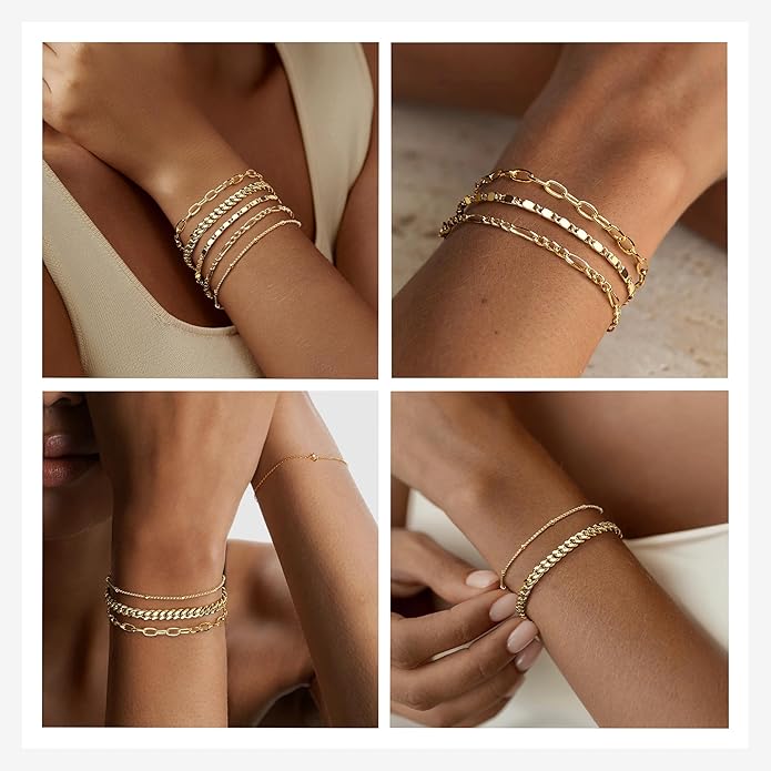 Gold Bracelets Set for Women Non Tarnish Trendy,14K Gold Plated Dainty Stackable Paperclip Cuban Link Chain Bracelets, Simple Cute Cuff Bracelets Jewelry Set Adjustable 7"+2"