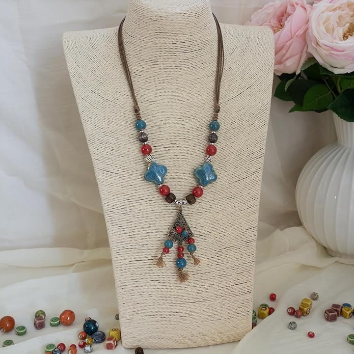 Boho Style Colorful Ceramic Bead Strand Necklace Adjustable Bohemian Jewelry Gift for Women, Fashion Clothing Matching Necklace