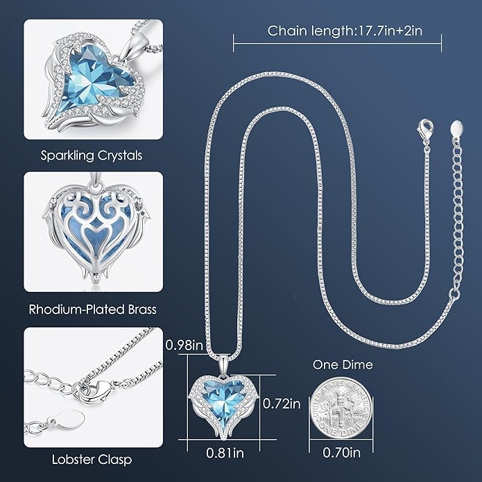 CDE Valentines Day Gifts for Women Angel Wings Necklace for Women with Birthstone, Love Heart Silver Tone/Gold Tone Pendant, Ideal Anniversary or Birthday Jewelry Gifts for Wife Girlfriend Her