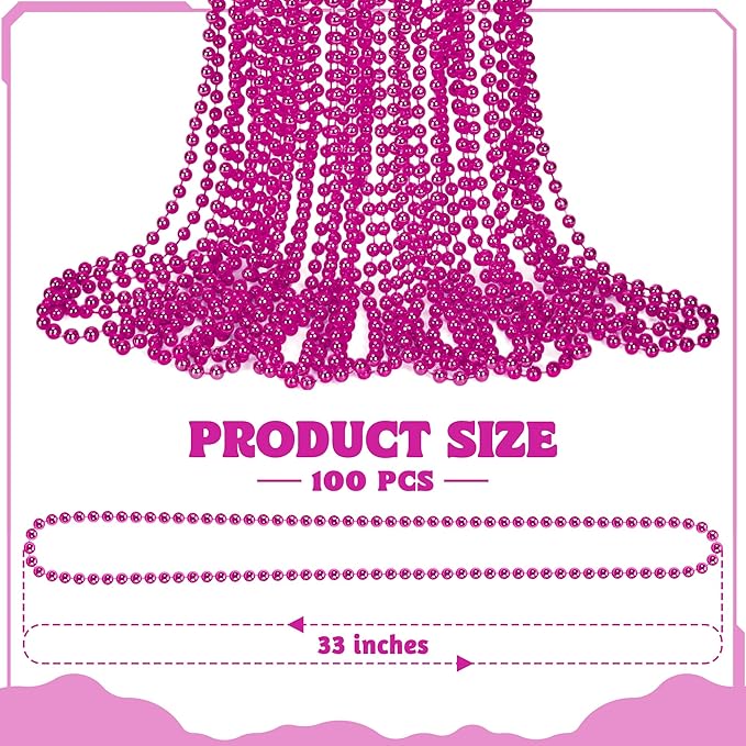 100 PCS Mardi Gras Beads, 33" Rosered Beaded Necklace Bulk, Breast Cancer Awareness Accessories Set, Carnival Beads Parade Throws for Festive Event Pirate Party Favors