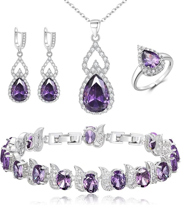 BriLove Wedding Jewelry Set for Women Bride Bridesmaid, Gorgeous Cubic Zirconia Teardrop Necklace Earrings Bracelet Adjustable Ring Jewelry Gift for Birthday/Anniversary/Mother’s Day