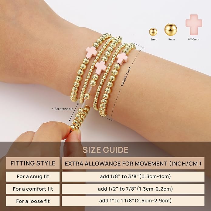 Yoosteel Valentines Day Gifts for Her Kids Teen Girl - 14K Gold Plated Dainty Round Beaded Ball Pearl Cross Bracelet Stack Set for Women Trendy Non Tarnish Teenage Girls Stackable Jewelry Gift