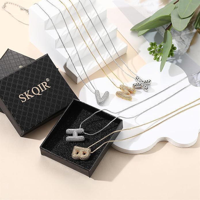 SKQIR Diamond Initial Letter Necklace for Women Bubble Gold Plated Puffy Balloon Alphabet Crystal Zircon Pendant Name Necklace Dainty Charms Trendy Jewelry Gift for Women