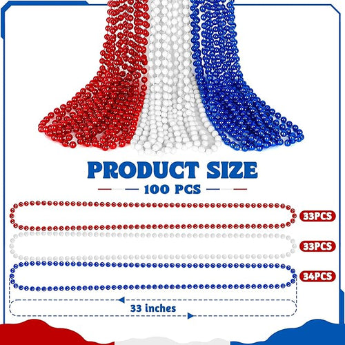 100 PCS 4th of July Beads, 33" Patriotic Beads Necklaces Bulk, Red White Blue Necklace Bulk, Independence Day Party Parade Throw Accessories Set for Memorial Day Fourth of July Party Supplies
