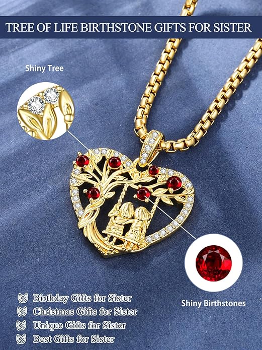 14K Gold Tree of Life Necklace for Sister Christmas Gifts from Sister,Heart Jewelry with Birthstone Pendant for Women Female Friendship Forever My Friend