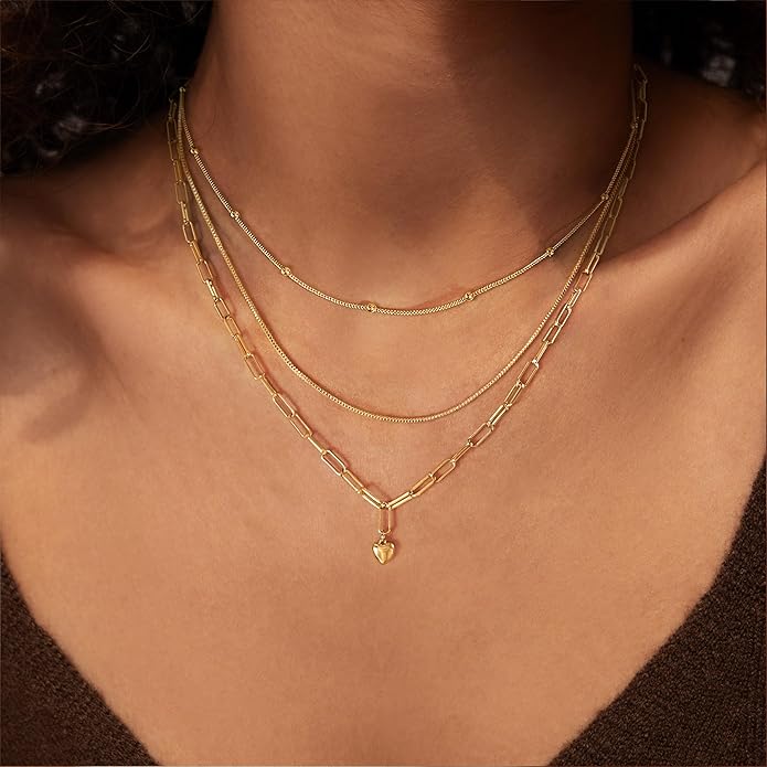 Layered Necklaces for Women,Dainty 14k Gold Plated CZ Layered Choker Necklace for Women Trendy Non Tarnish Hypoallergenic Beaded Paperclip Chain Necklace Stack Women's Minimalist Gold Jewelry Gifts