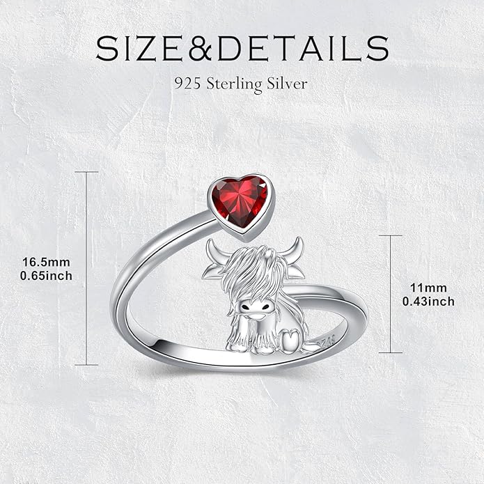 Highland Cow Ring 925 Sterling Silver Adjustable Ring Birthstone Ring Engraved Name Highland Cow Gifts Jewelry for Women