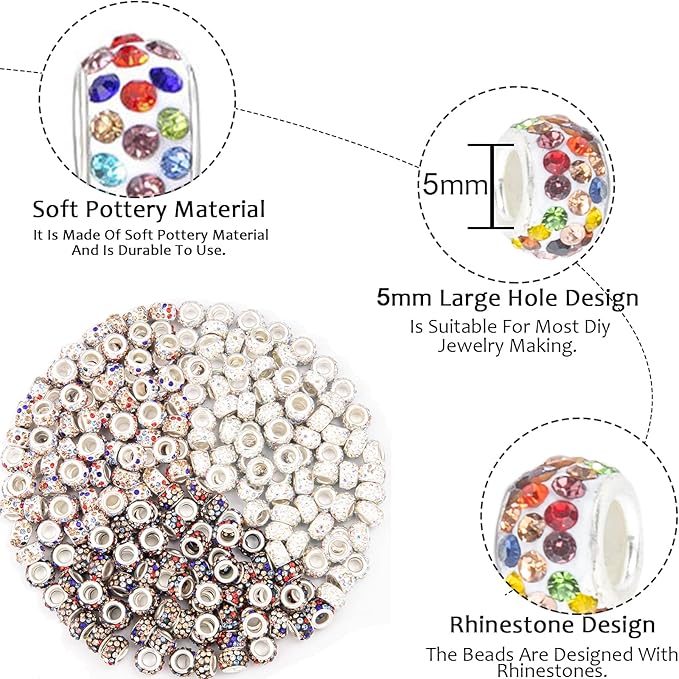 200 Pieces European Large Hole Spacer Beads, Colour European Craft Beads Rhinestone Lampwork Beads Fairy Garden Beads for DIY Charms Bracelet Necklace Earring Jewelry Making Supplies