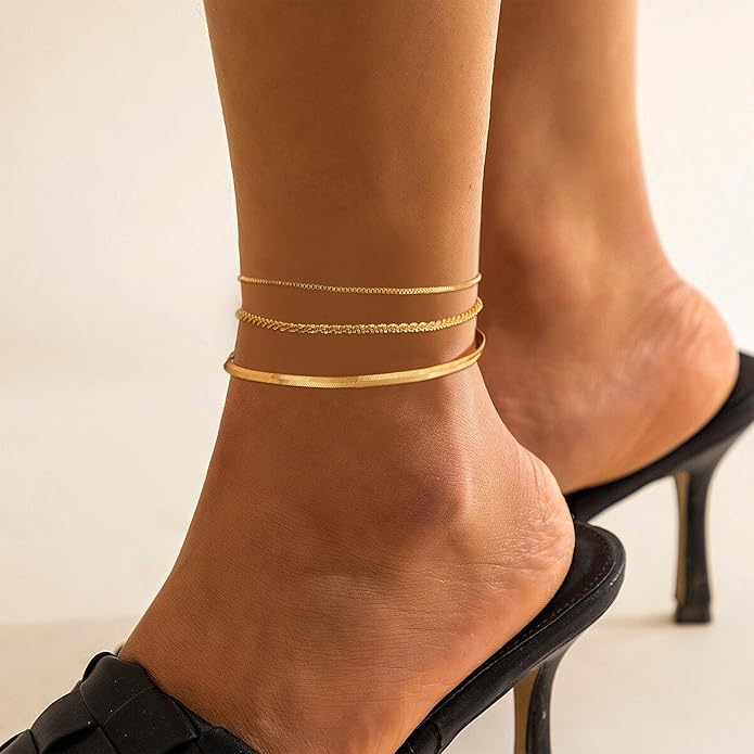 Risamil 14K Gold Plated Ankle Bracelets for Women, Anklets for Women Waterproof Layered Ankle Bracelets for Women Teen Girl Herringbone Anklet Set Summer Foot Jewelry Gifts